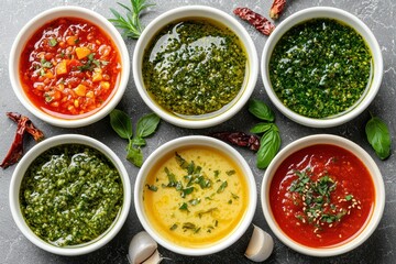 Assorted gourmet sauces in small white bowls, arranged on a gray stone surface.  Fresh herbs, dried chilies, and garlic cloves are scattered around the sauces.  Variety of colors and textures