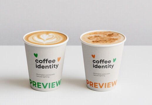 Dual Coffee Cup Mockup &ndash; Realistic Latte and Cappuccino Branding Scene with Clean Background