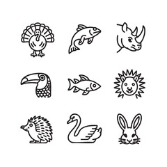 A versatile set of nine animal icons rendered in a clean black and white line art style, featuring diverse wildlife from land and water.