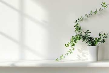 Detailed Image of a White Book Shelf with a Plant and a Plant in a White Vase