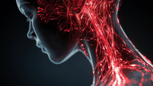 Detailed medical animation visualizing female nervous system anatomy with illuminating vascular network glowing across dark background, revealing intricate neural and circulatory pathways