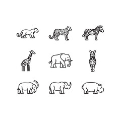A set of nine black and white line art icons featuring various safari animals like elephants, zebras, and giraffes, isolated on a white background.