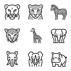 A set of black and white line art icons featuring African safari animals, including a leopard, zebra, giraffe, elephant, and rhinoceros.