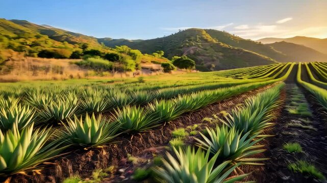 Rows of agave plants in a field leading towards mountains under a golden sunset, agricultural landscape showing cultivation