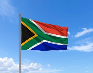South African Flag Waving Under a Bright Blue Sky