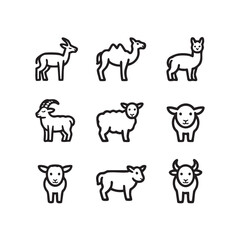 Minimalist black and white line art collection of nine animal icons, including a sheep, camel, goat, and bull.