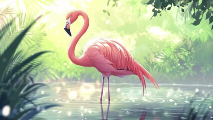 Flamingo wading in a serene pond surrounded by lush greenery at sunset - Powered by Adobe