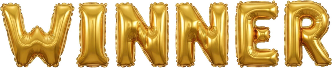 Shiny gold inflatable balloons forming the word winner, perfect for victory themes.
