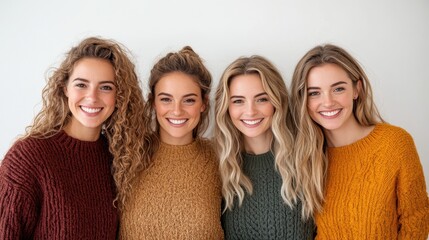 A joyful group of young women dressed in cozy sweaters, smiling at the camera, embodying friendship, warmth, and happiness, perfect for lifestyle imagery and community spirit.