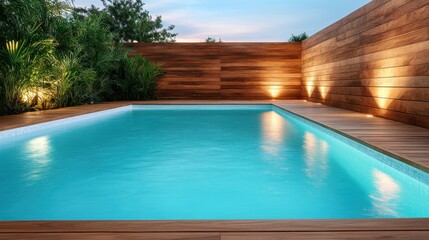 Fototapeta premium A beautifully designed swimming pool surrounded by vibrant greenery, illuminated by warm lights, creating a serene and inviting atmosphere during twilight hours for relaxation.