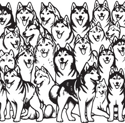 Siberian Husky Dog Vector Illustration in Black and White 