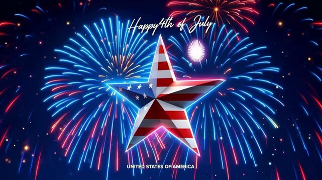 Happy fourth of july with fireworks and american flag star design art hd video , 4k video , mp4 