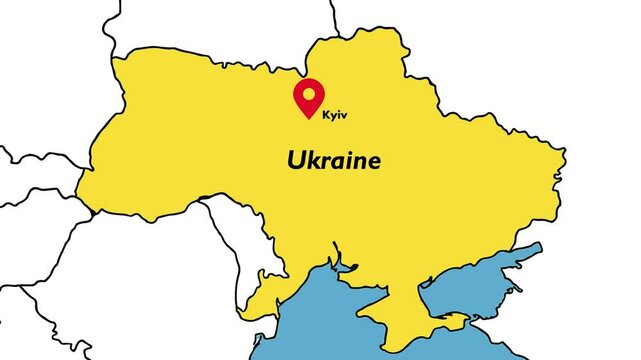 4K Animated map of Ukraine and surrounding countries with Kyiv labeled and pulsing location icon near Black Sea, geopolitical motion graphic
