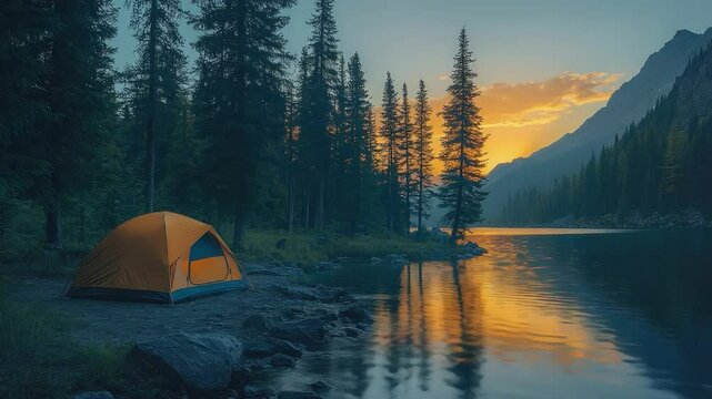 Camping Paradise: A cozy tent sits nestled beside a serene lake, reflecting the warm hues of a breathtaking sunset, inviting exploration and peaceful moments.