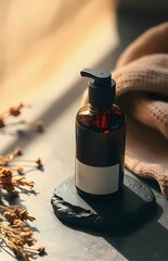 Amber glass skincare bottles arranged on rough black stone, with golden sunlight casting bold shadows. Dried herbs and natural textures enhance the luxurious, earthy minimalism.