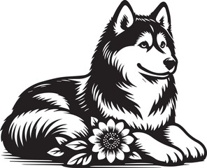 Siberian Husky Dog Vector Illustration in Black and White 