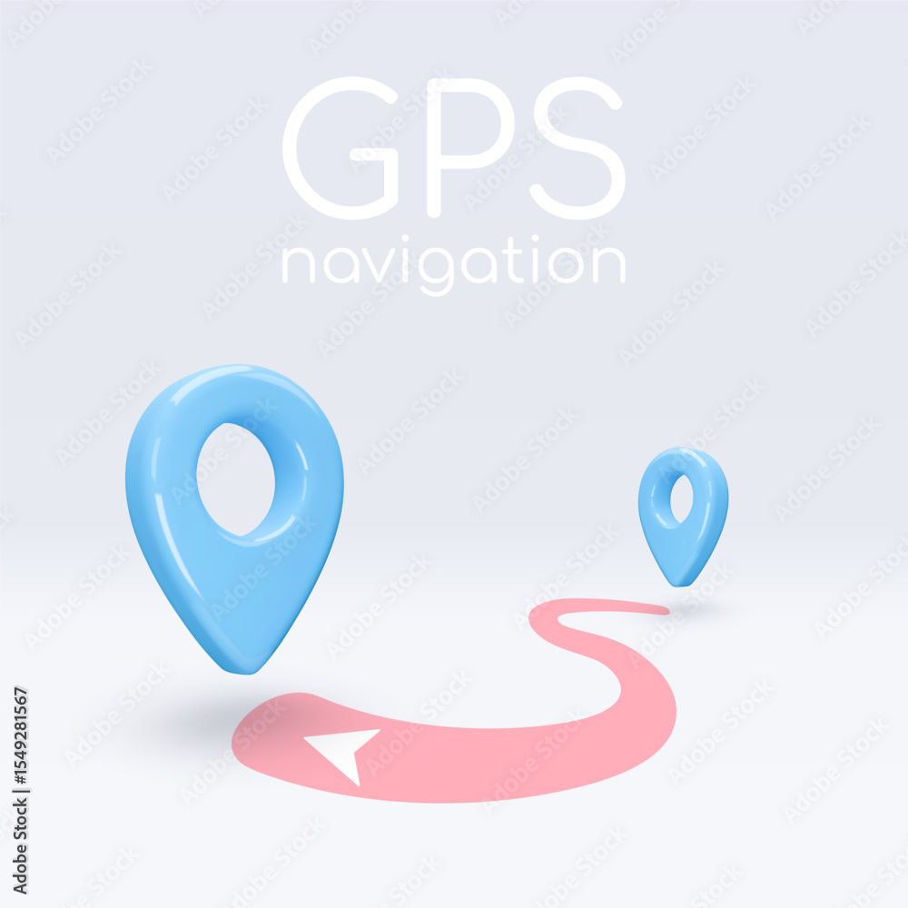 Poster blue location pointers on map, placemark, markers with red path, gps navigation pin sign. 3d gps ico