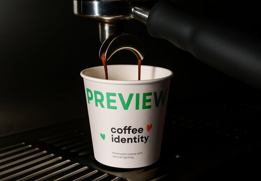 Realistic Paper Coffee Cup Mockup &ndash; Espresso Brewing Scene with Hot Beverage Branding Focus