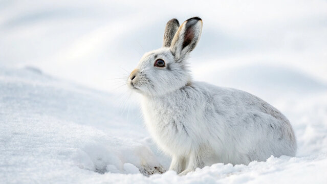 Photo of white rabbit sitting in the snow
