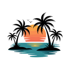 Fototapeta premium Tropical Islands Sunset Vector Illustration - Palm Trees Beach Horizon. Tropical, Islands, Sunset, Vector, Illustration, Palm, Trees, Beach, Horizon, Sun, Ocean, Sea, Water, tshirt