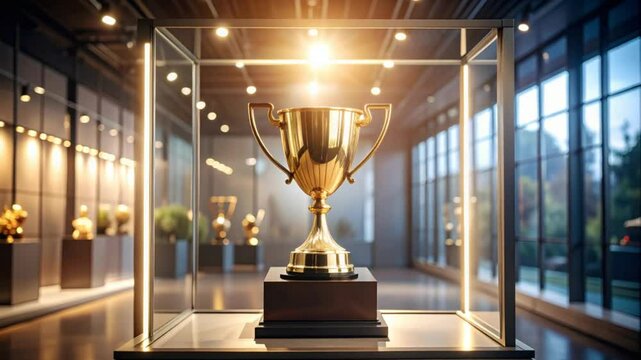 Golden trophy display in modern showcase