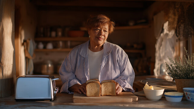 Middle-aged woman making toast with a toaster on a kitchen counter - Powered by Adobe
