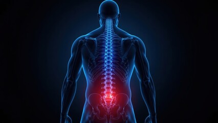 Human spine anatomy with highlighted lower back pain in blue and red on a dark background