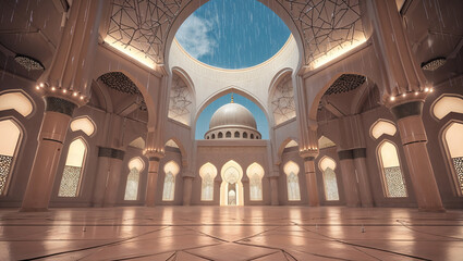 Obraz premium Magnificent architectural interior of a grand mosque with ornate arches and a dramatic sky view