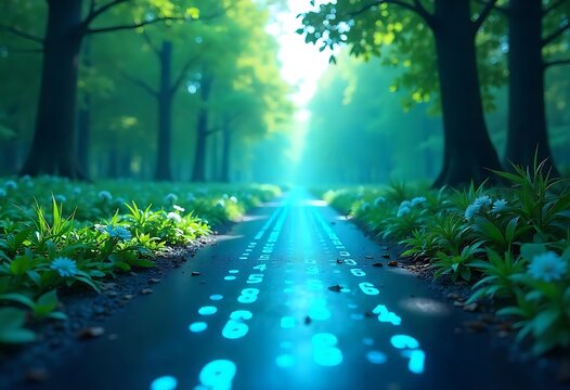 Binary code streams across a digital road in a futuristic 3D landscape. Conceptual background for technology, data transmission, internet systems, and cyber network infrastructure visuals.