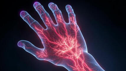 Medical visualization of a human hand highlighting circulatory system, veins and arteries, useful for explaining blood flow and potential diseases - Powered by Adobe