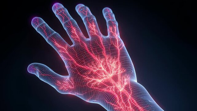Medical visualization of a human hand highlighting circulatory system, veins and arteries, useful for explaining blood flow and potential diseases