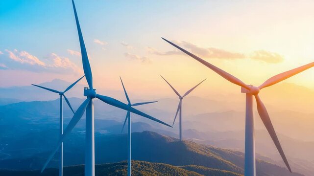 environmental conservation technology, ecology and nature concept. Several large wind turbines stand on a mountain ridge during a vibrant, colorful sunset. abstract background. 