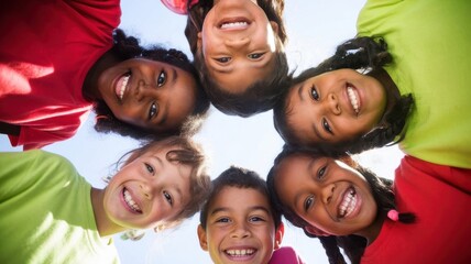 Diverse group of children smiling into camera in unity and friendship