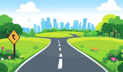 A road splits, leading to a cityscape. Lush greenery surrounds the paved path