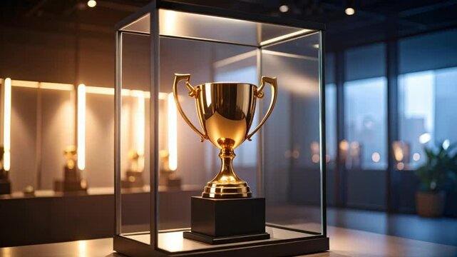 Golden trophy in glass display case