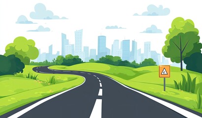 Scenic winding road leading to a city skyline