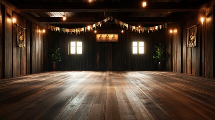 A warm and inviting rustic venue adorned with wooden floors, decorative banners, and soft lighting, ideal for gatherings and special occasions in a cozy environment.