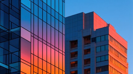 Two modern office buildings, one with reflective glass mirroring a vibrant sunset, the other a muted gray-toned structure, against a clear, twilight sky