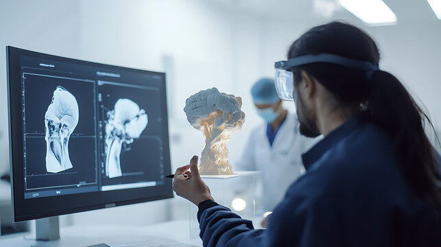 Scientists analyze a 3D brain model using advanced technology in a laboratory setting.