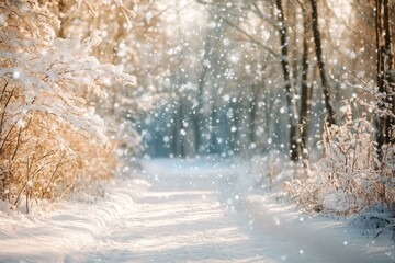 Snowy forest path in winter sunlight