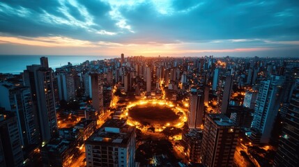 An aerial view of a vibrant cityscape at dusk, illuminated by city lights and capturing the dynamic energy and beauty of urban life during twilight hours.