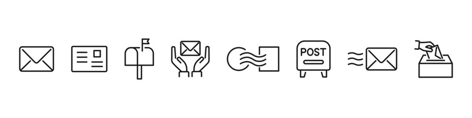 Mail and envelope icon set. Postal, letter, mail box, stamp. Vector illustration