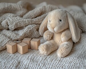 Beige teddy bunny toy sits amongst wooden blocks and a knitted blanket