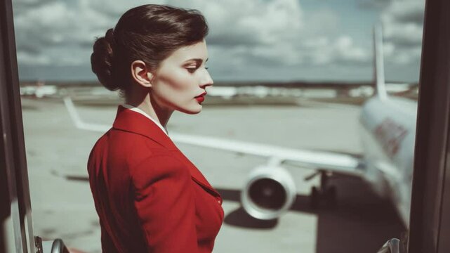 The Stewardess: A stewardess in a chic, retro outfit gazes out of the window. The image presents a moment of serene contemplation amidst the bustling energy of an airport.