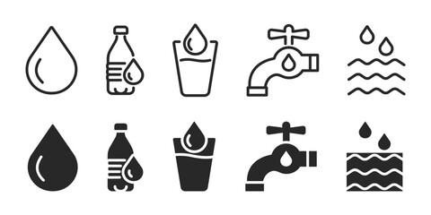 Water icon set. Line and silhouette style. Vector