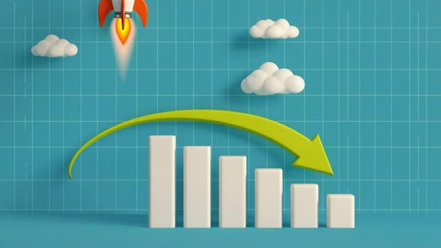 3D Rocket Launching Above Decreasing Bar Chart with Downward Arrow &ndash; Business Setback vs Success Concept