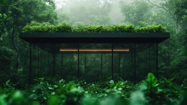 A sleek modern cabin with a green roof seamlessly integrated into the lush forest landscape, representing harmony between architecture and nature in a serene environment.