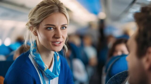 The Sky Attendant: A skilled attendant exudes warmth and helpfulness, offering excellent service within a vibrant airplane setting, making the journey a genuinely pleasant one.