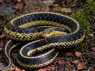 Common garter snake coiled up with tongue extended forest floor