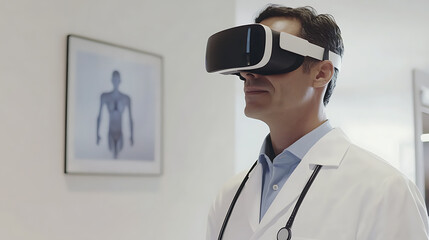 Doctor Wearing Virtual Reality Headset in Medical Office